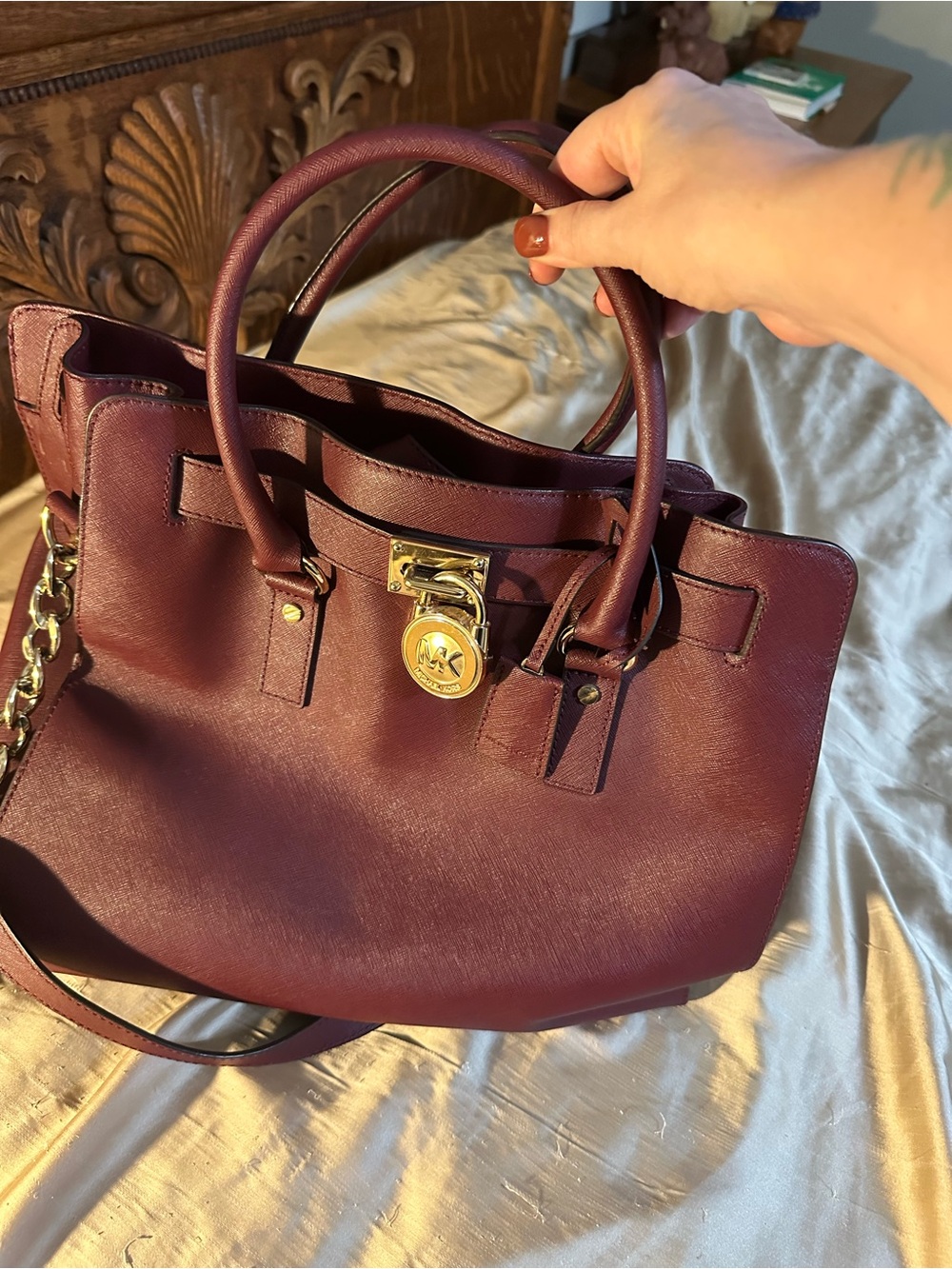 Michael Kors Burgundy Leather Satchel with Gold-Tone Lock